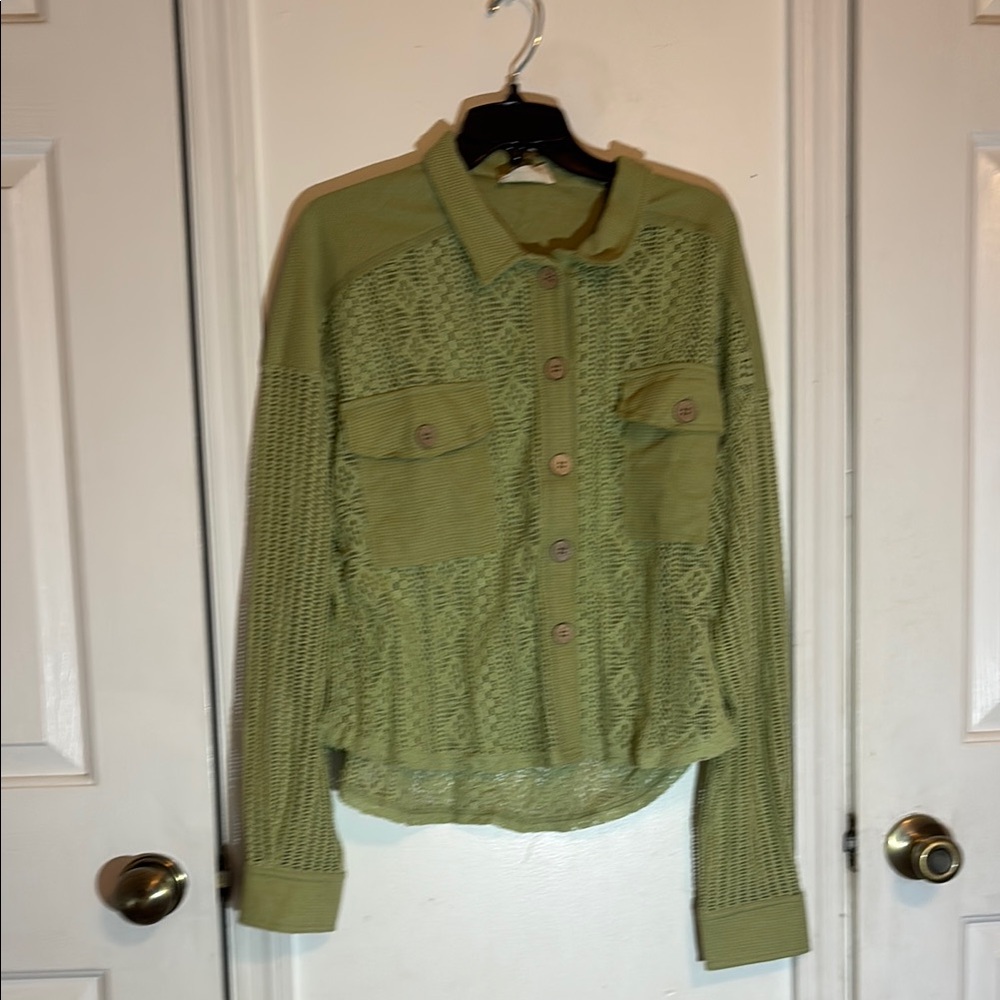 Green Knit Sweater with Utility Jacket Style